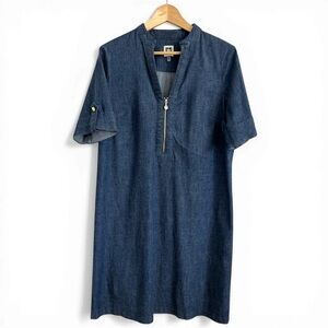 Anne Klein Denim Sheath Dress Zip Front Mandarin Collar Short Sleeve